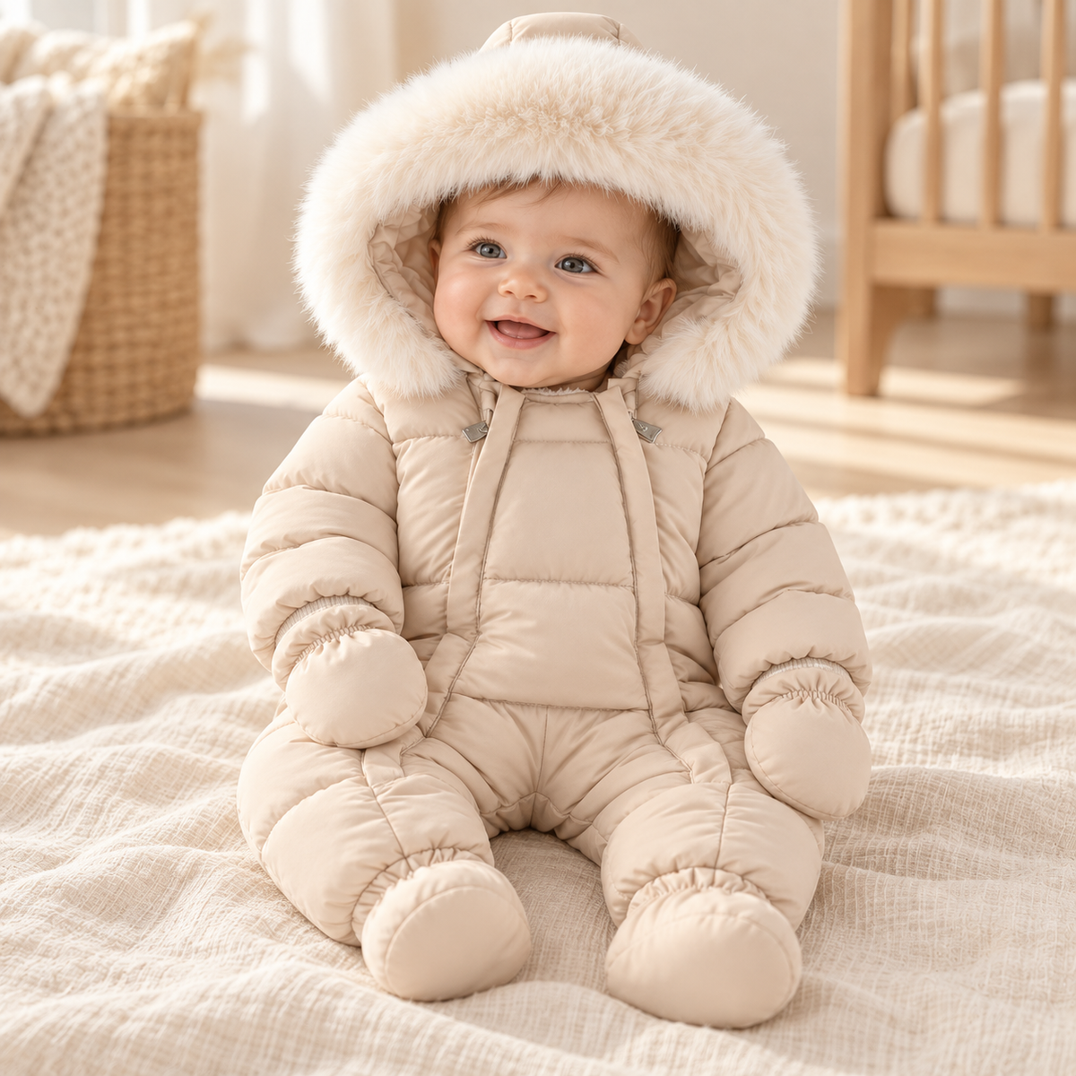 Baby wearing The Fleece Hooded Zip Romper in a warm nursery
