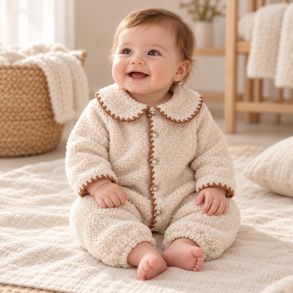 Baby wearing The Fleece-Lined Collared Romper in a warm nursery