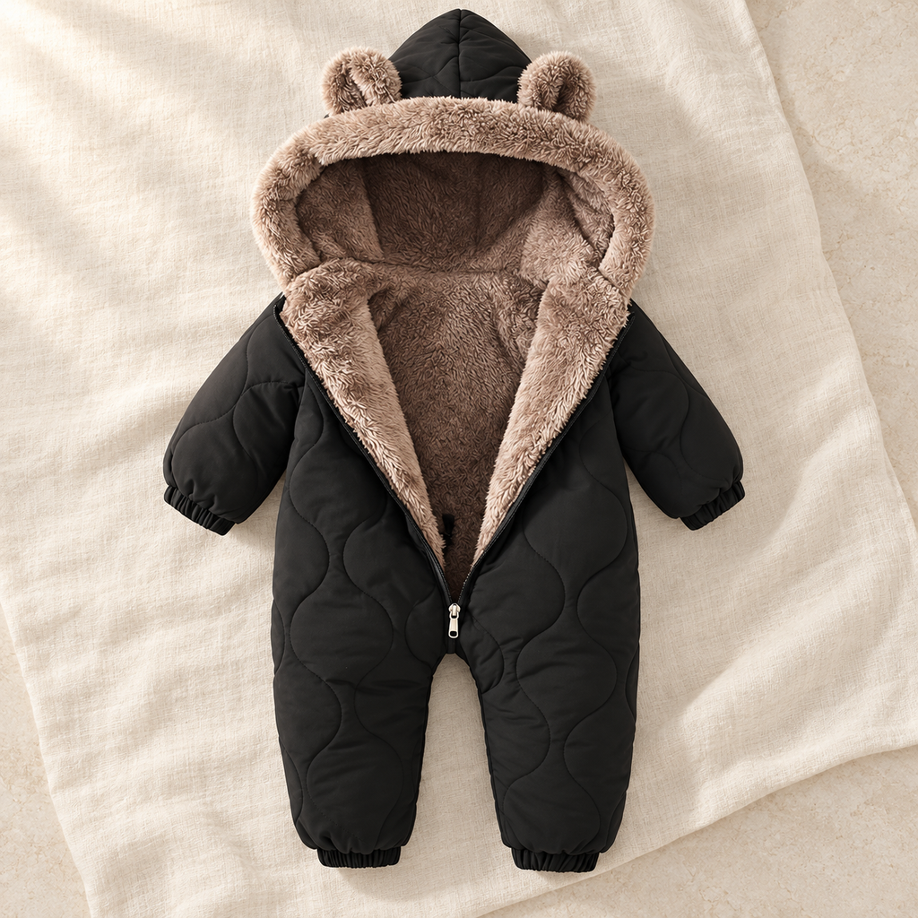 The Fleece-Lined Hooded Romper studio photograph on ivory linen