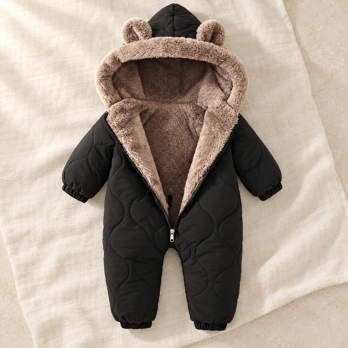 The Fleece-Lined Hooded Romper studio photograph on ivory linen