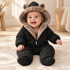 Baby wearing The Fleece-Lined Hooded Romper in a warm nursery