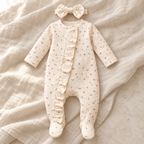 The Floral Footed Romper & Headband studio photograph on ivory linen