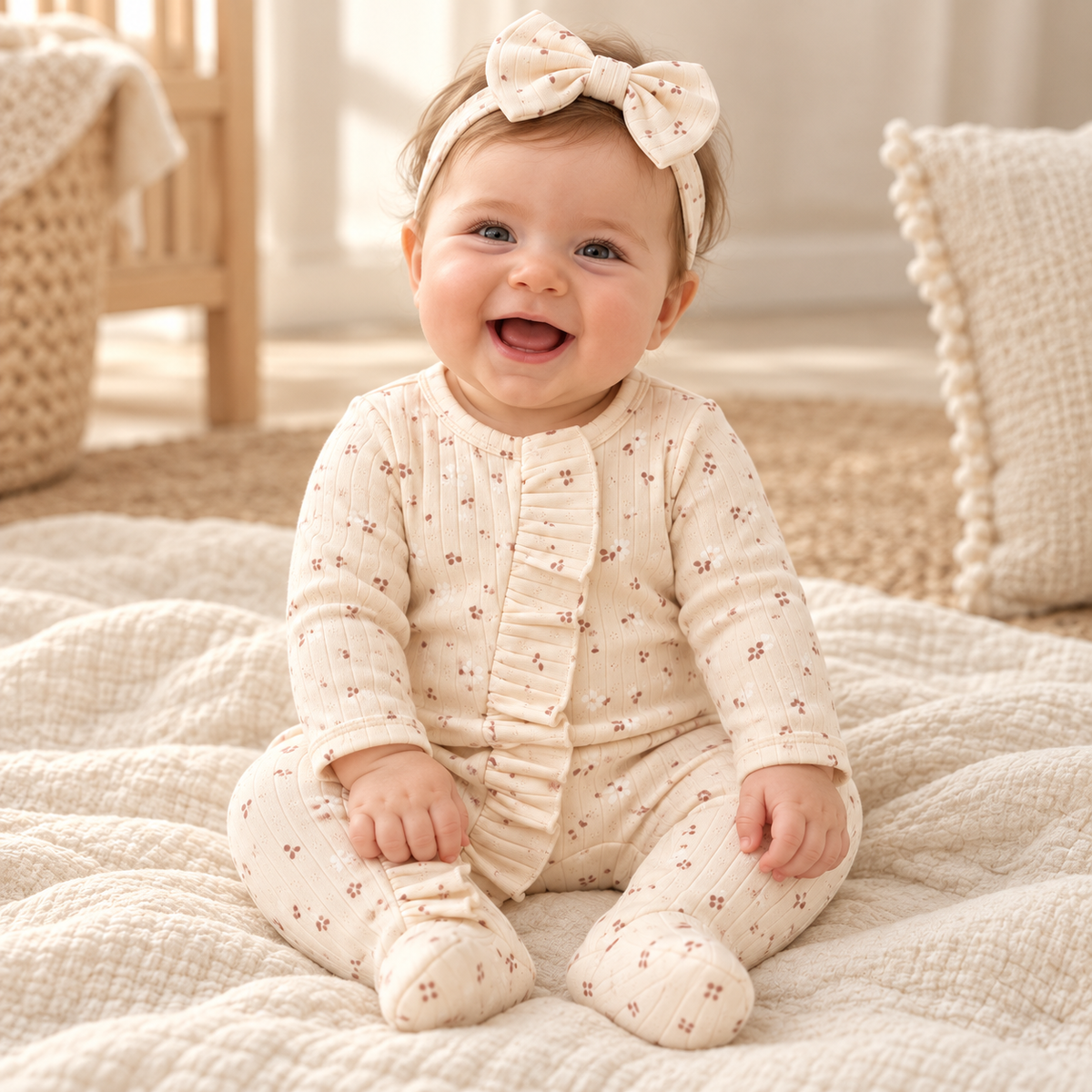 Baby wearing The Floral Footed Romper & Headband in a warm nursery