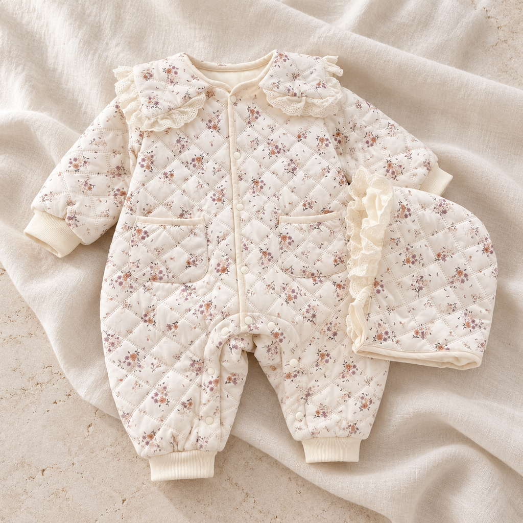 The Floral Romper & Hat Set studio photograph on ivory linen