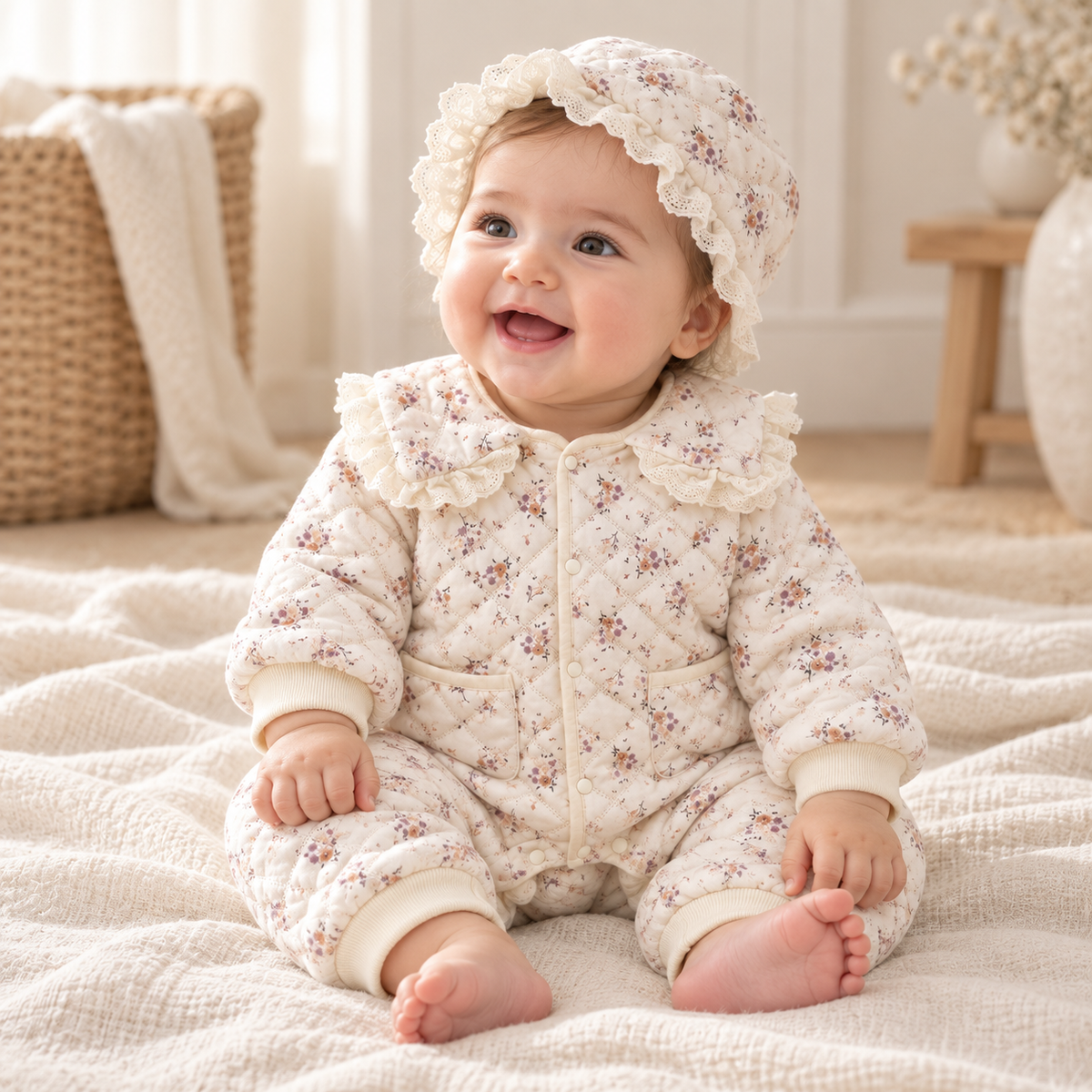 Baby wearing The Floral Romper & Hat Set in a warm nursery