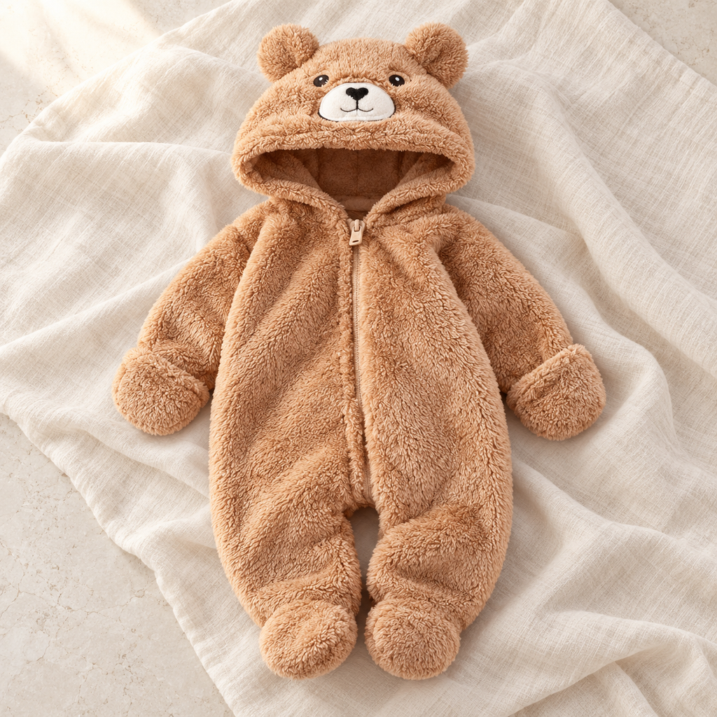 The Fluffy Animal Hooded Romper studio photograph on ivory linen