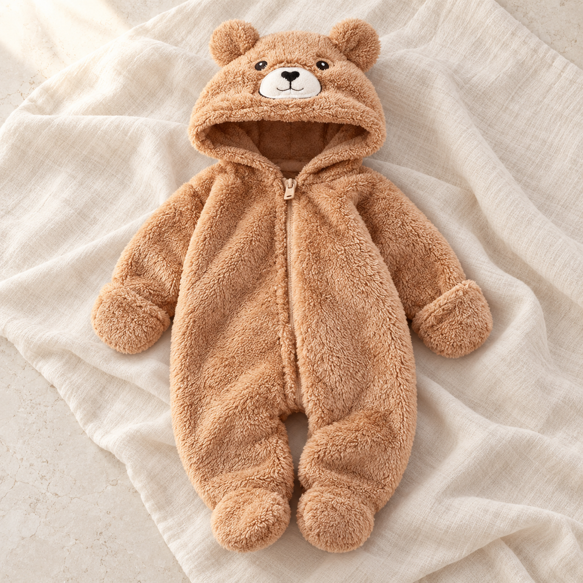 The Fluffy Animal Hooded Romper studio photograph on ivory linen