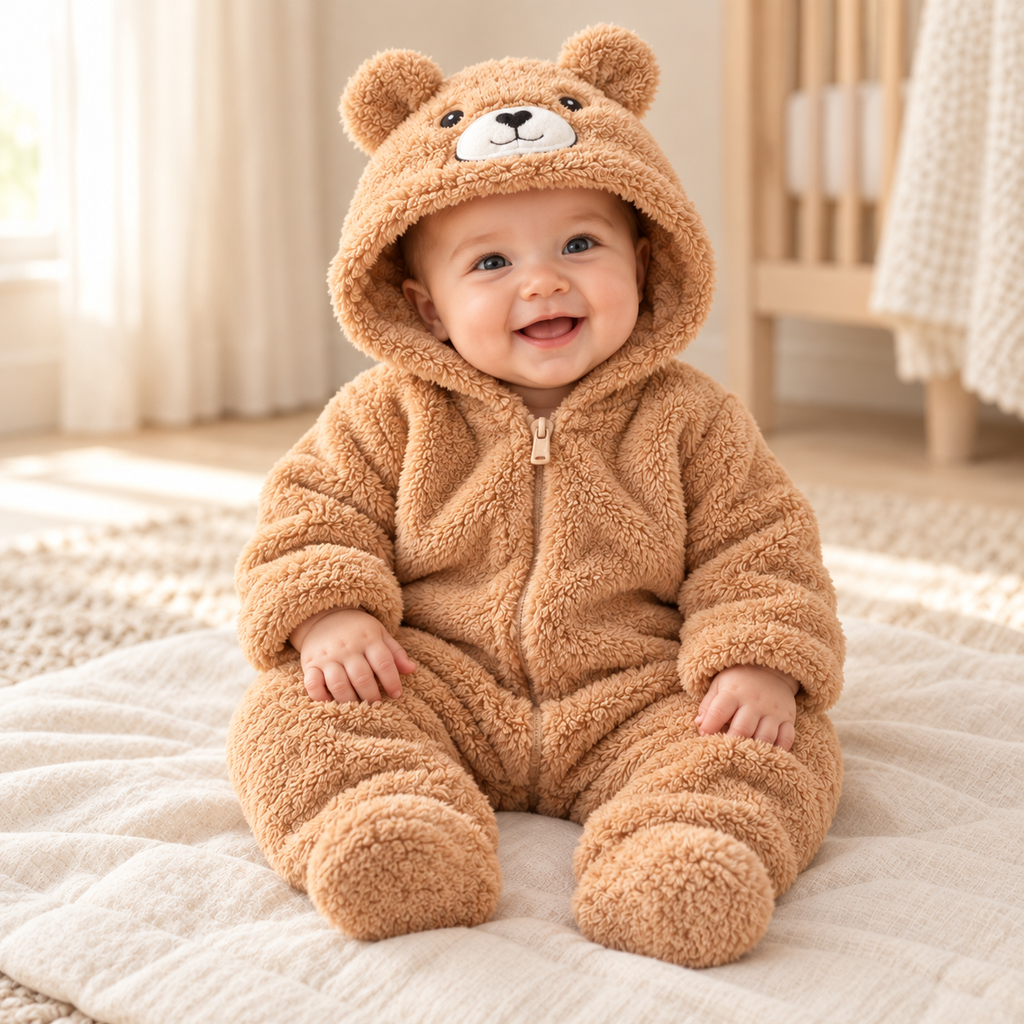 Baby wearing The Fluffy Animal Hooded Romper in a warm nursery