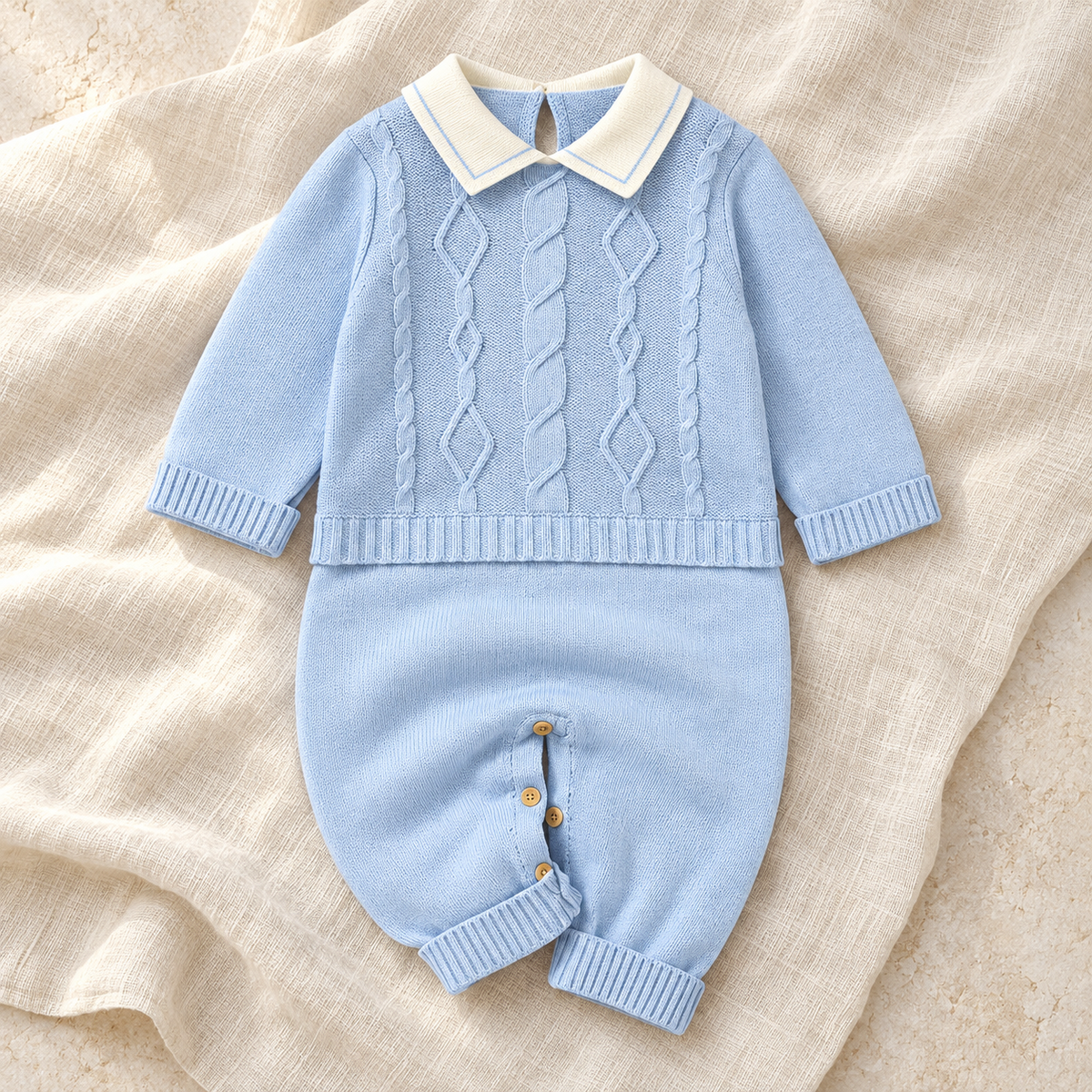 The High-Neck Knit Baby Romper studio photograph on ivory linen