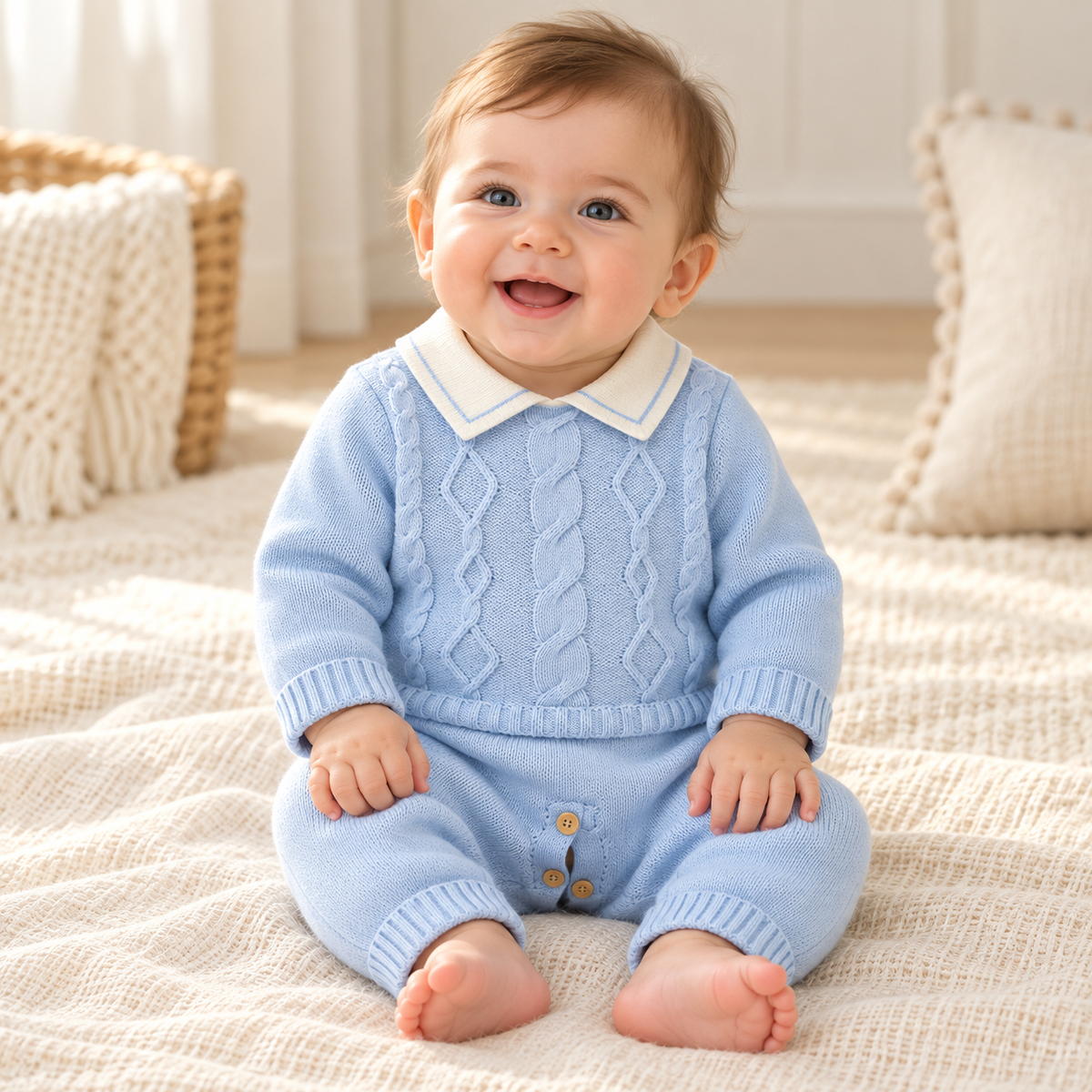 Baby wearing The High-Neck Knit Baby Romper in a warm nursery