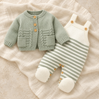 The Knit Cardigan & Strap Romper Set studio photograph on ivory linen