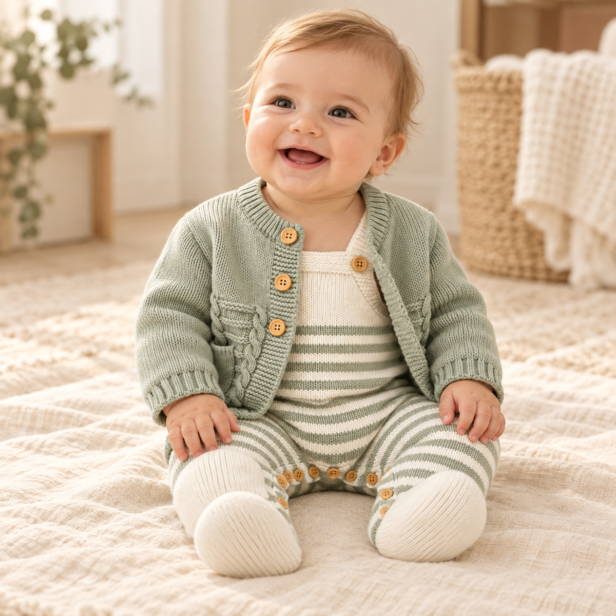Baby wearing The Knit Cardigan & Strap Romper Set in a warm nursery