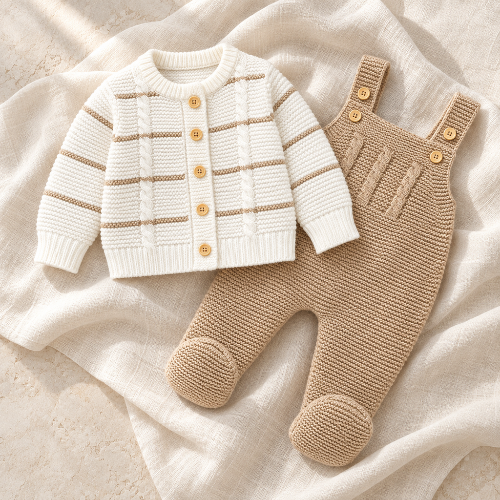 The Knit Jacket & Romper Set studio photograph on ivory linen