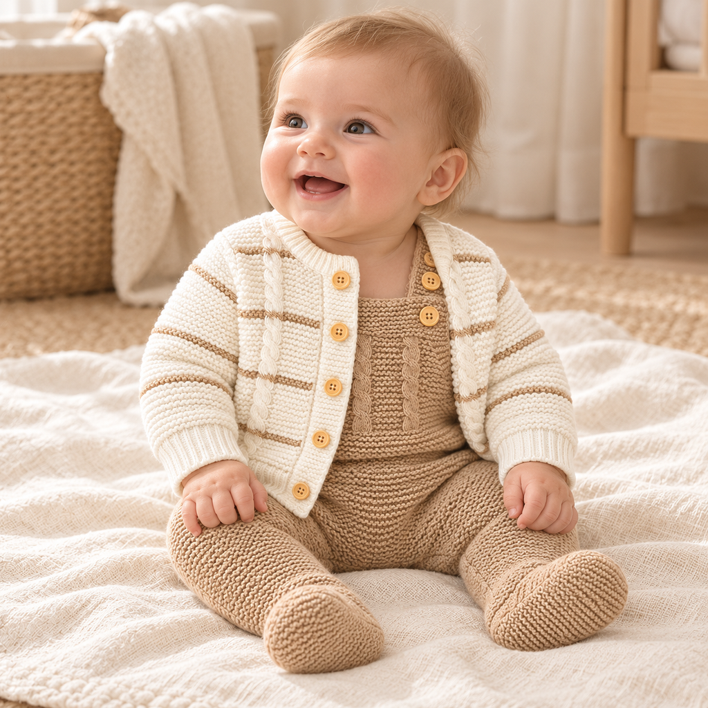Baby wearing The Knit Jacket & Romper Set in a warm nursery