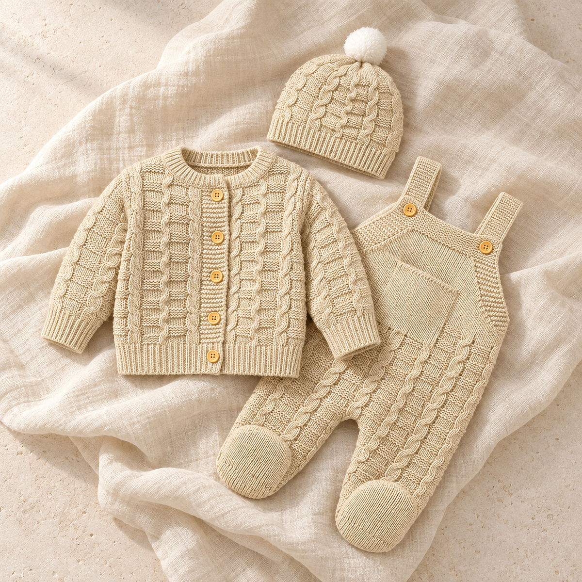 The Knit Romper & Hat Outfit studio photograph on ivory linen