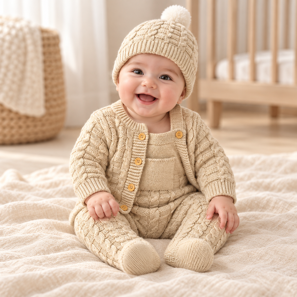 Baby wearing The Knit Romper & Hat Outfit in a warm nursery