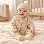 Baby wearing The Knit Romper & Hat Outfit in a warm nursery