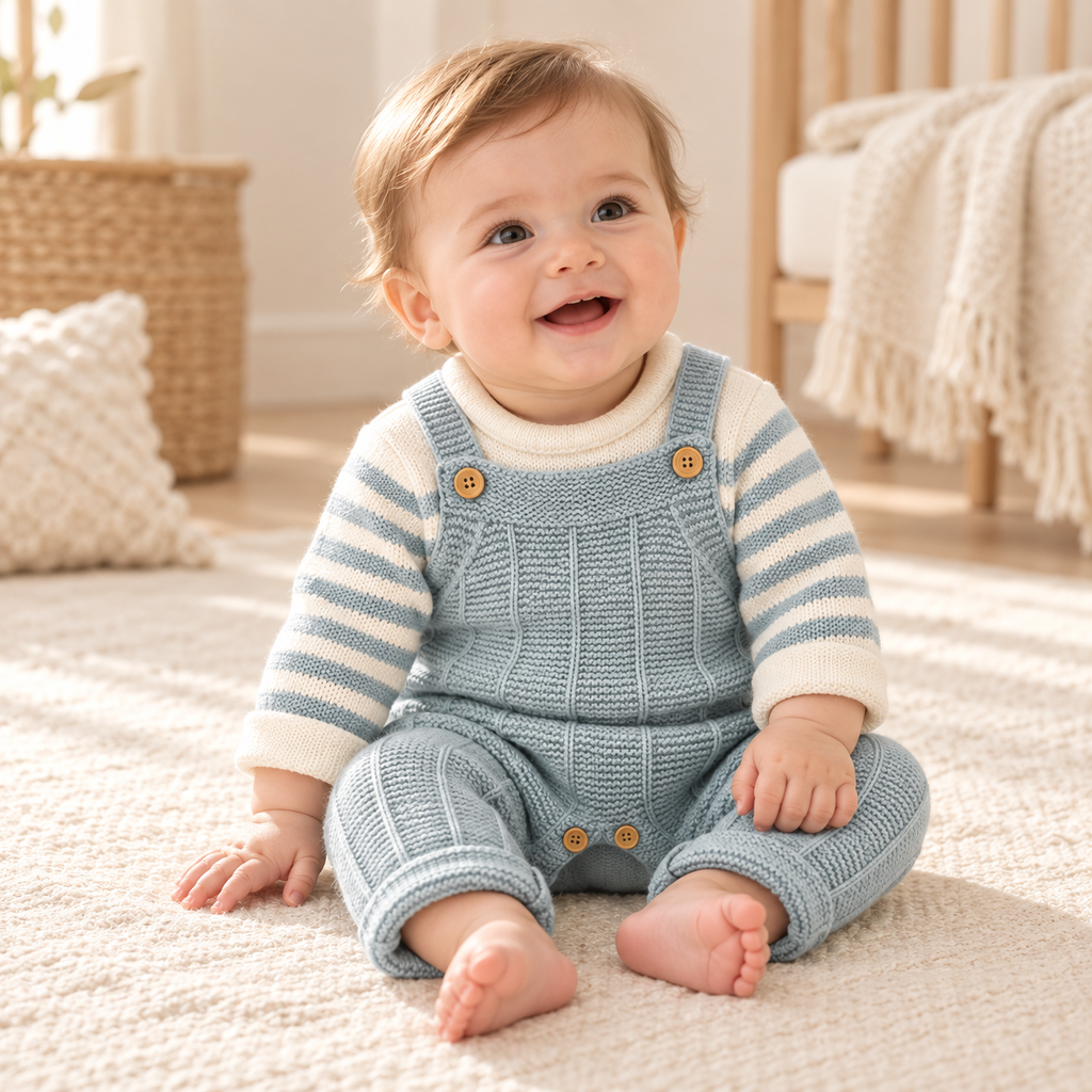 Baby wearing The Knit Sweater & Romper Set in a warm nursery