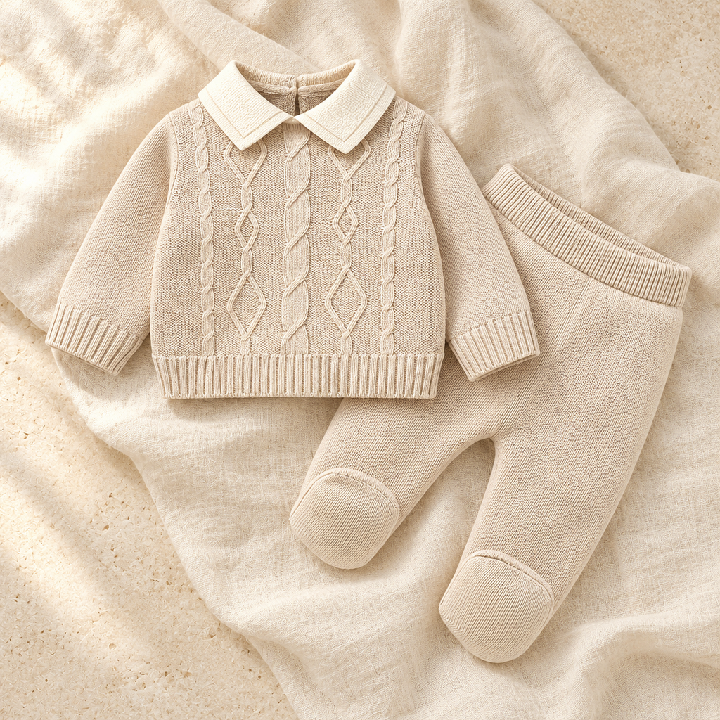 The Knit Top & Legging Set studio photograph on ivory linen