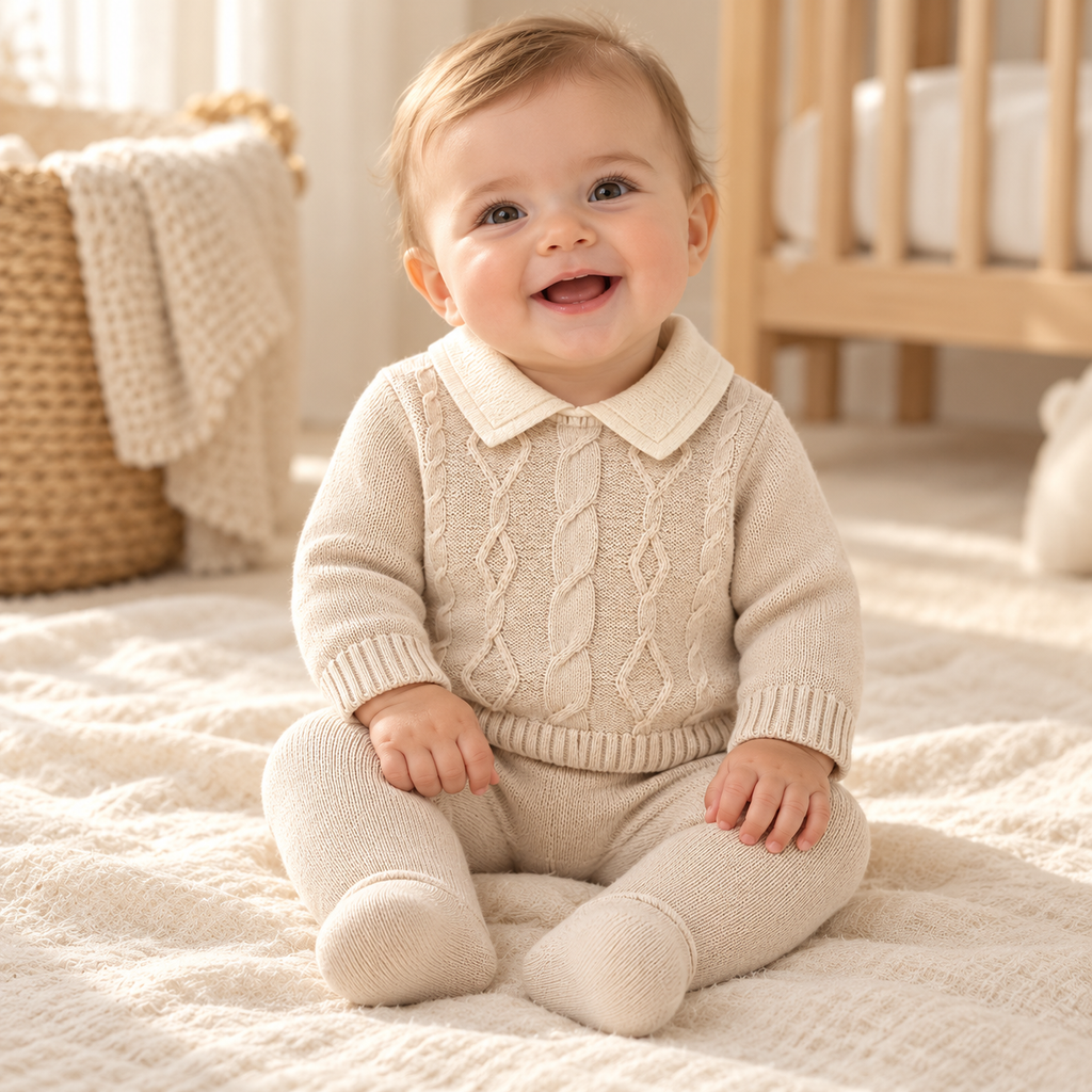 Baby wearing The Knit Top & Legging Set in a warm nursery