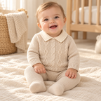 Baby wearing The Knit Top & Legging Set in a warm nursery