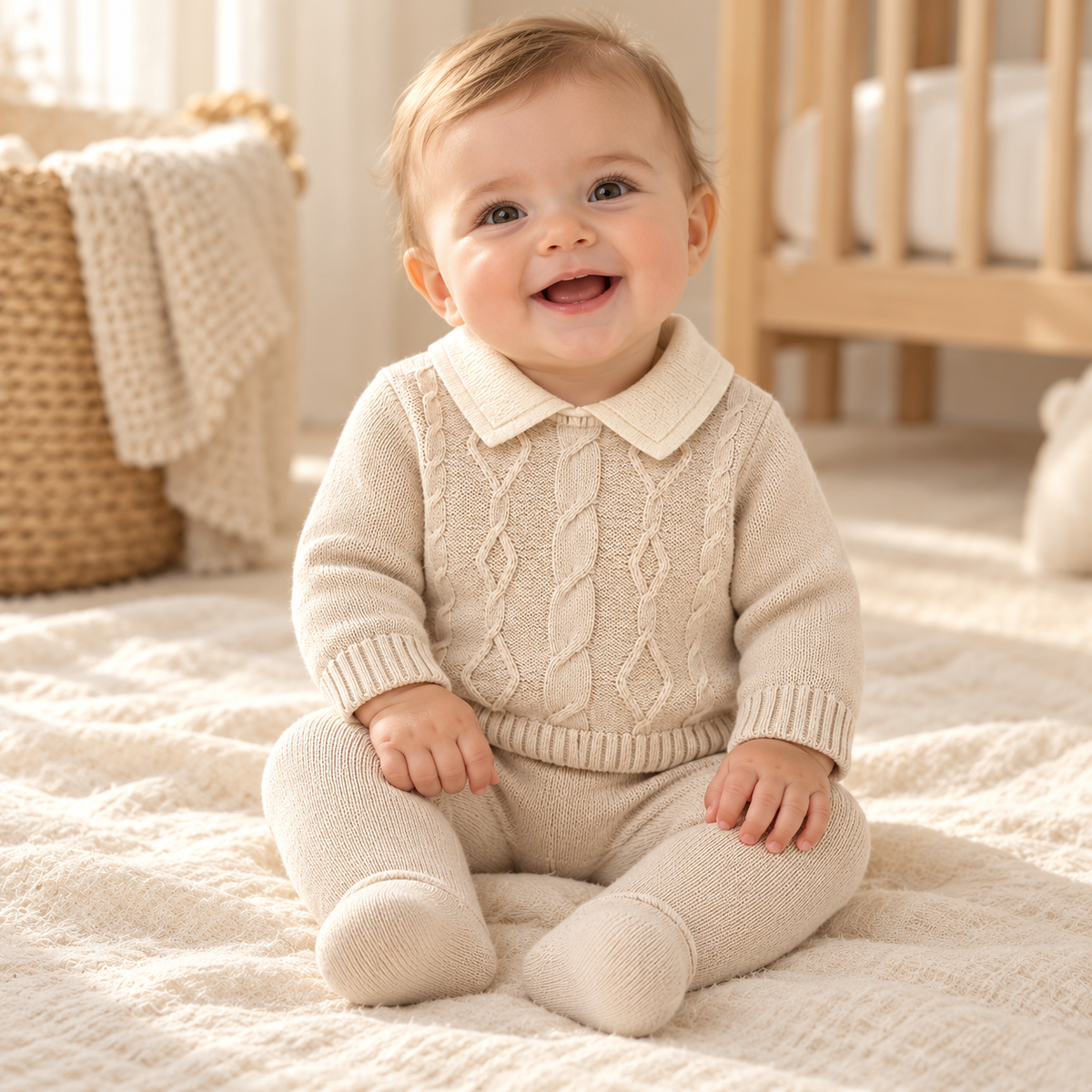 Baby wearing The Knit Top & Legging Set in a warm nursery
