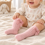 Baby wearing The Lace Bow Baby Socks in a warm nursery