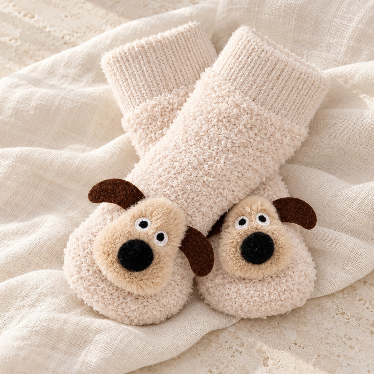 The Little Pup Grip Socks studio photograph on ivory linen
