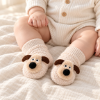 Baby wearing The Little Pup Grip Socks in a warm nursery