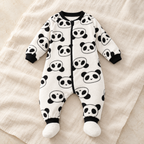 The Panda Fleece Baby Romper studio photograph on ivory linen
