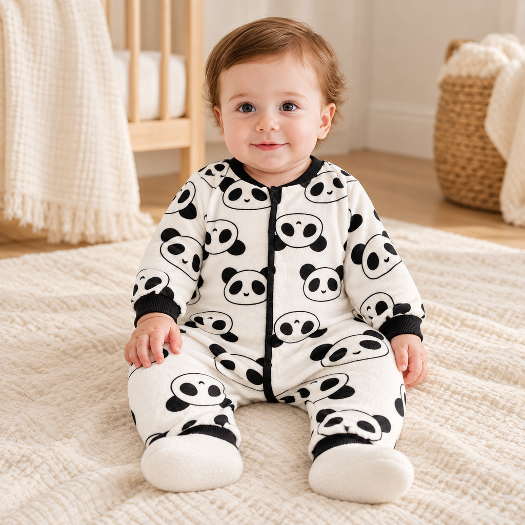 Baby wearing The Panda Fleece Baby Romper in a warm nursery
