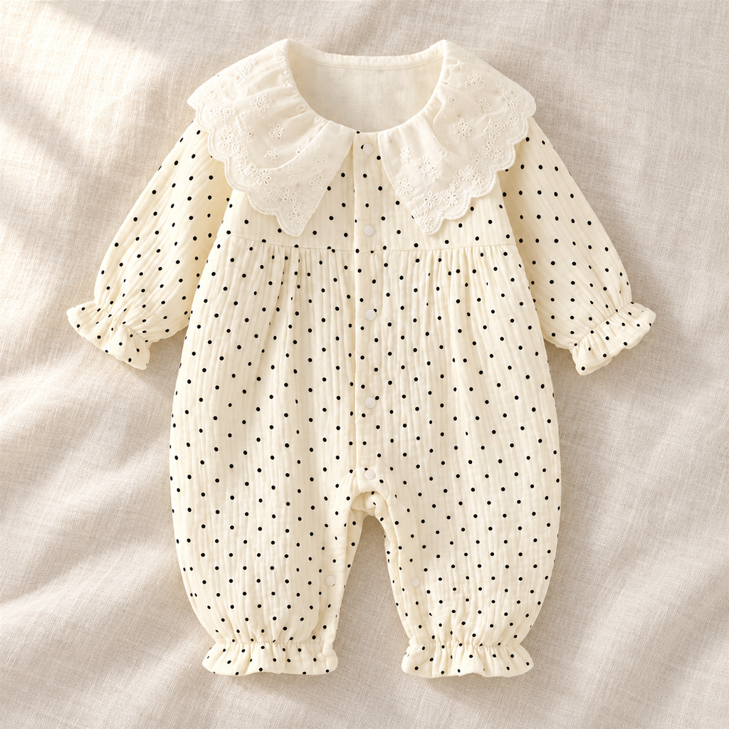 The Peter Pan Floral Baby Romper studio photograph on ivory linen