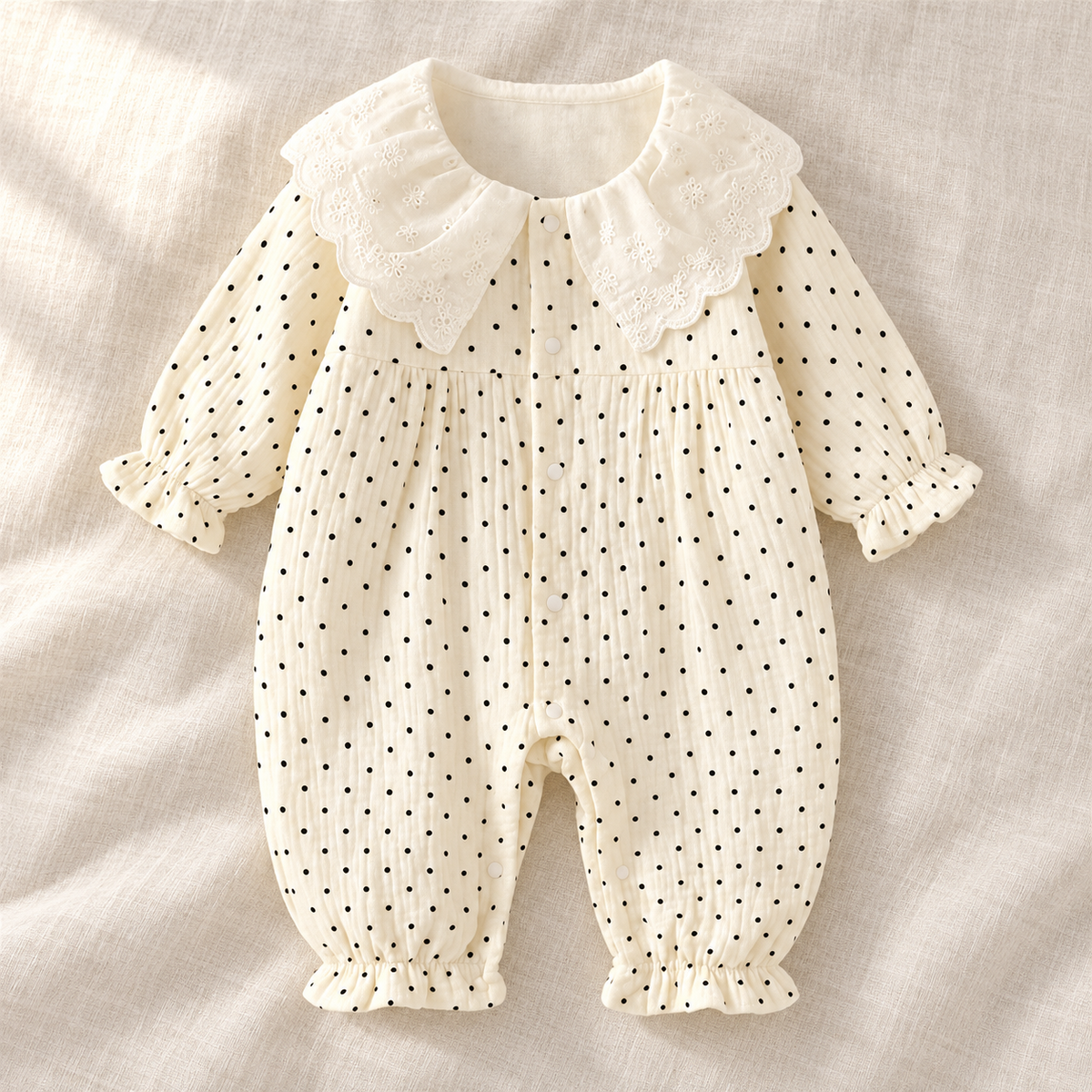 The Peter Pan Floral Baby Romper studio photograph on ivory linen