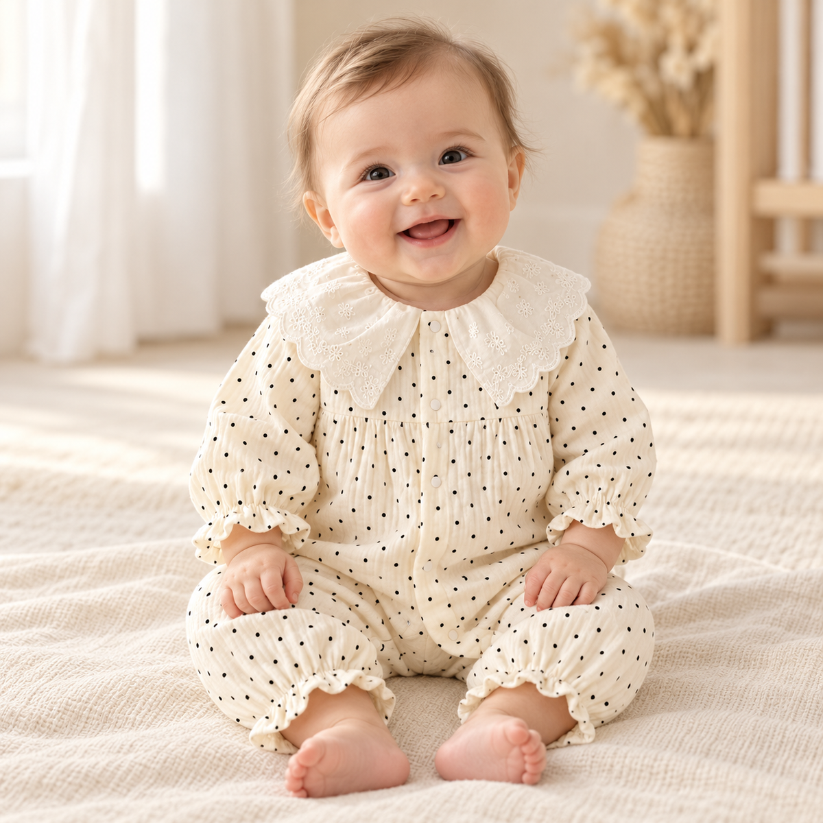 Baby wearing The Peter Pan Floral Baby Romper in a warm nursery