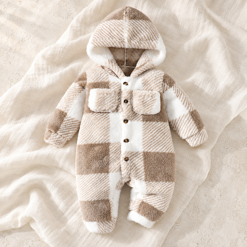The Plaid Plush Hooded Romper studio photograph on ivory linen