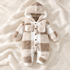 The Plaid Plush Hooded Romper studio photograph on ivory linen