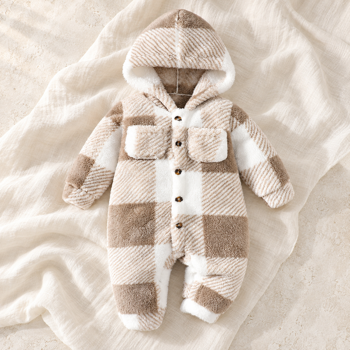 The Plaid Plush Hooded Romper studio photograph on ivory linen
