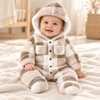 Baby wearing The Plaid Plush Hooded Romper in a warm nursery