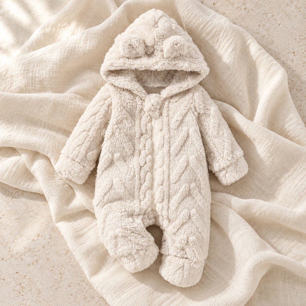 The Plush Hooded Zip Romper studio photograph on ivory linen