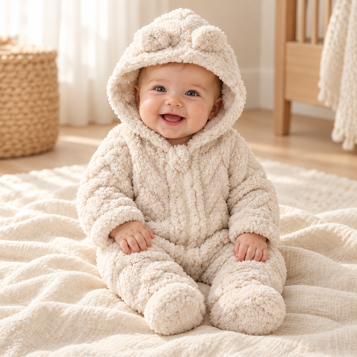 Baby wearing The Plush Hooded Zip Romper in a warm nursery
