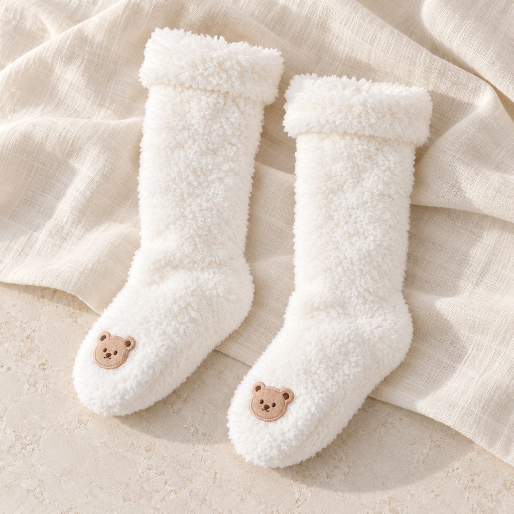 The Plush Knee-High Baby Socks studio photograph on ivory linen