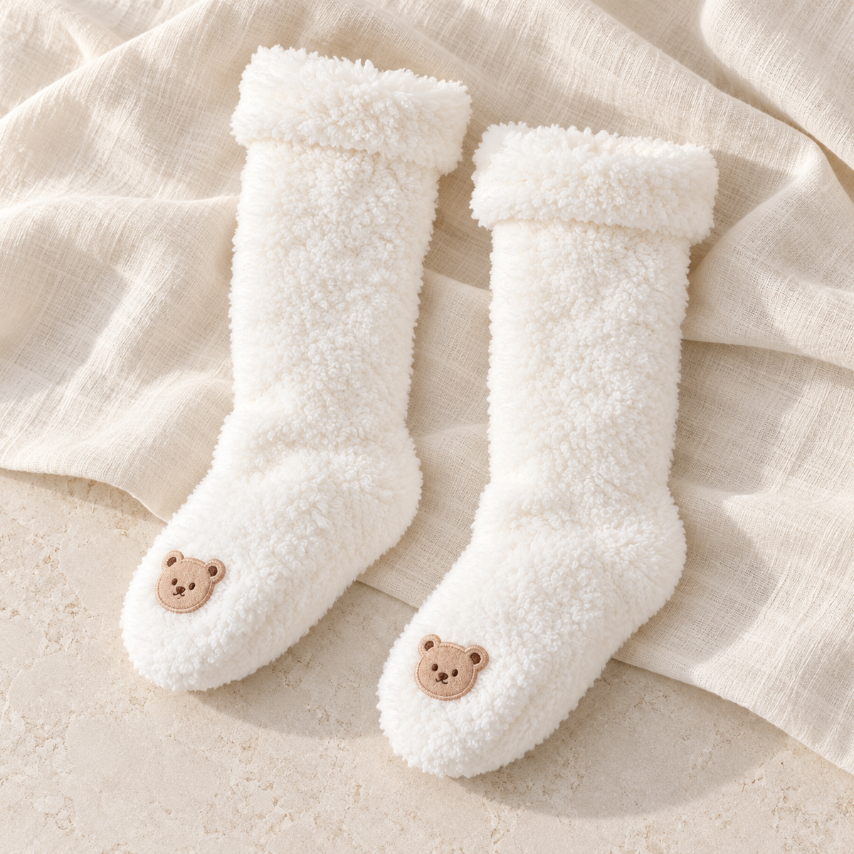 The Plush Knee-High Baby Socks studio photograph on ivory linen