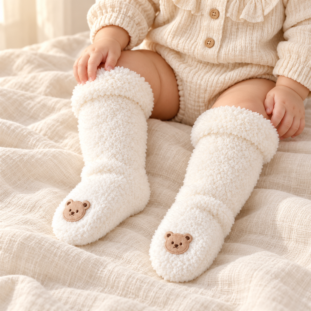 Baby wearing The Plush Knee-High Baby Socks in a warm nursery
