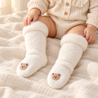 Baby wearing The Plush Knee-High Baby Socks in a warm nursery