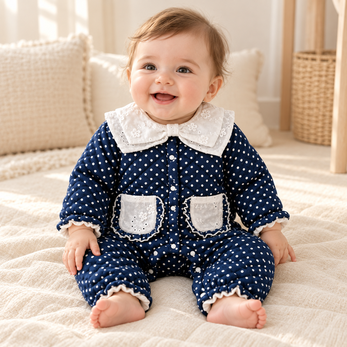 Baby wearing The Polka Dot Collared Baby Romper in a warm nursery