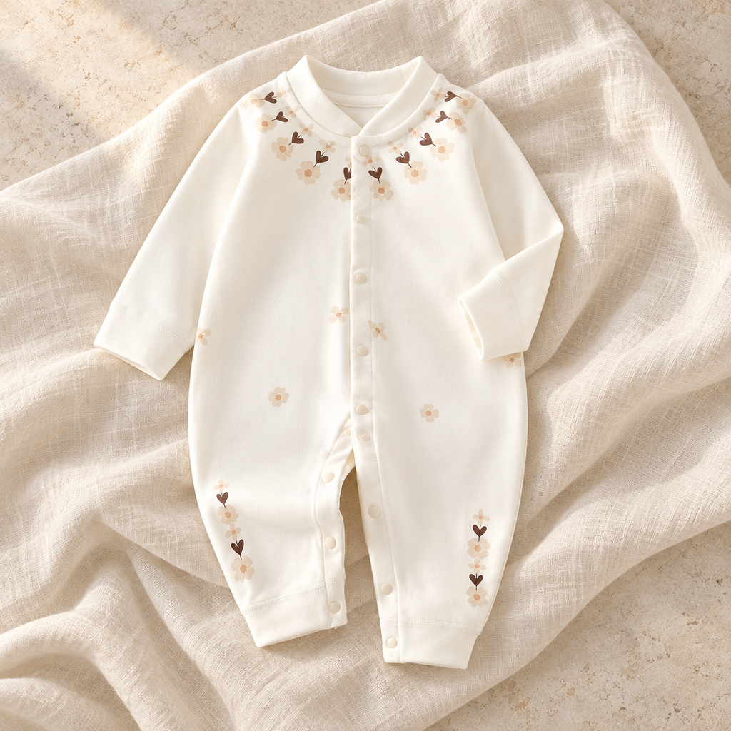 The Printed Cotton Baby Romper studio photograph on ivory linen