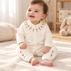 Baby wearing The Printed Cotton Baby Romper in a warm nursery