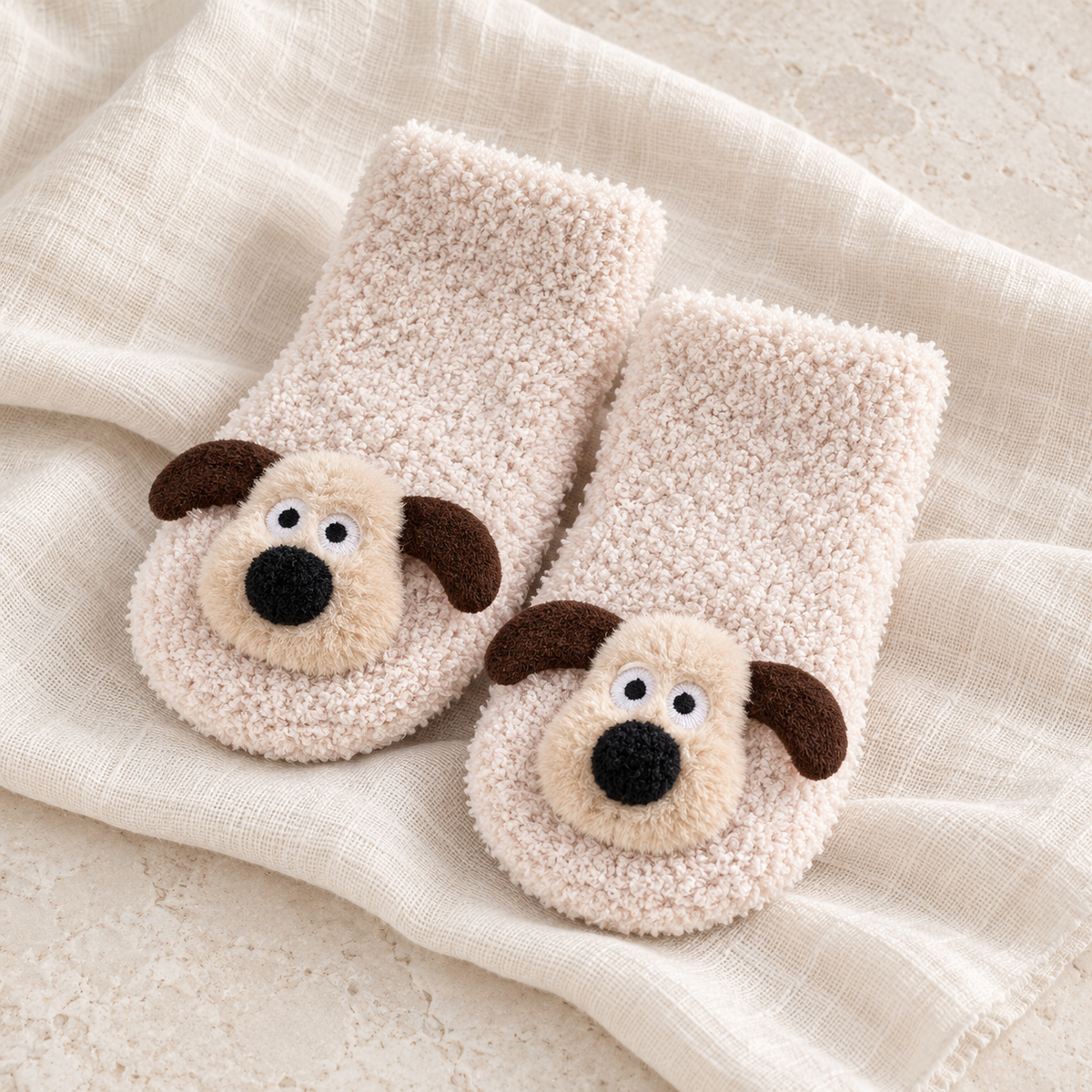 The Puppy Cozy Floor Socks studio photograph on ivory linen