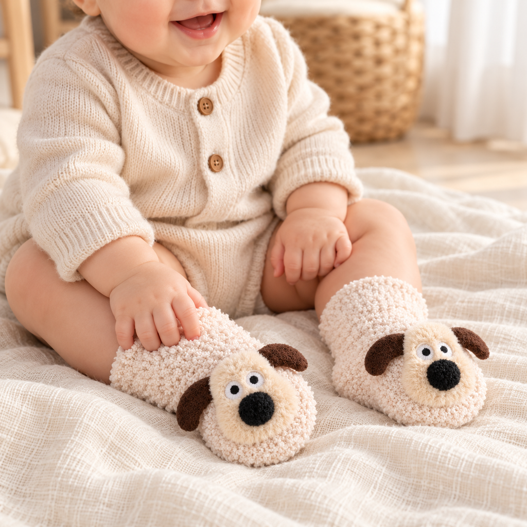 Baby wearing The Puppy Cozy Floor Socks in a warm nursery
