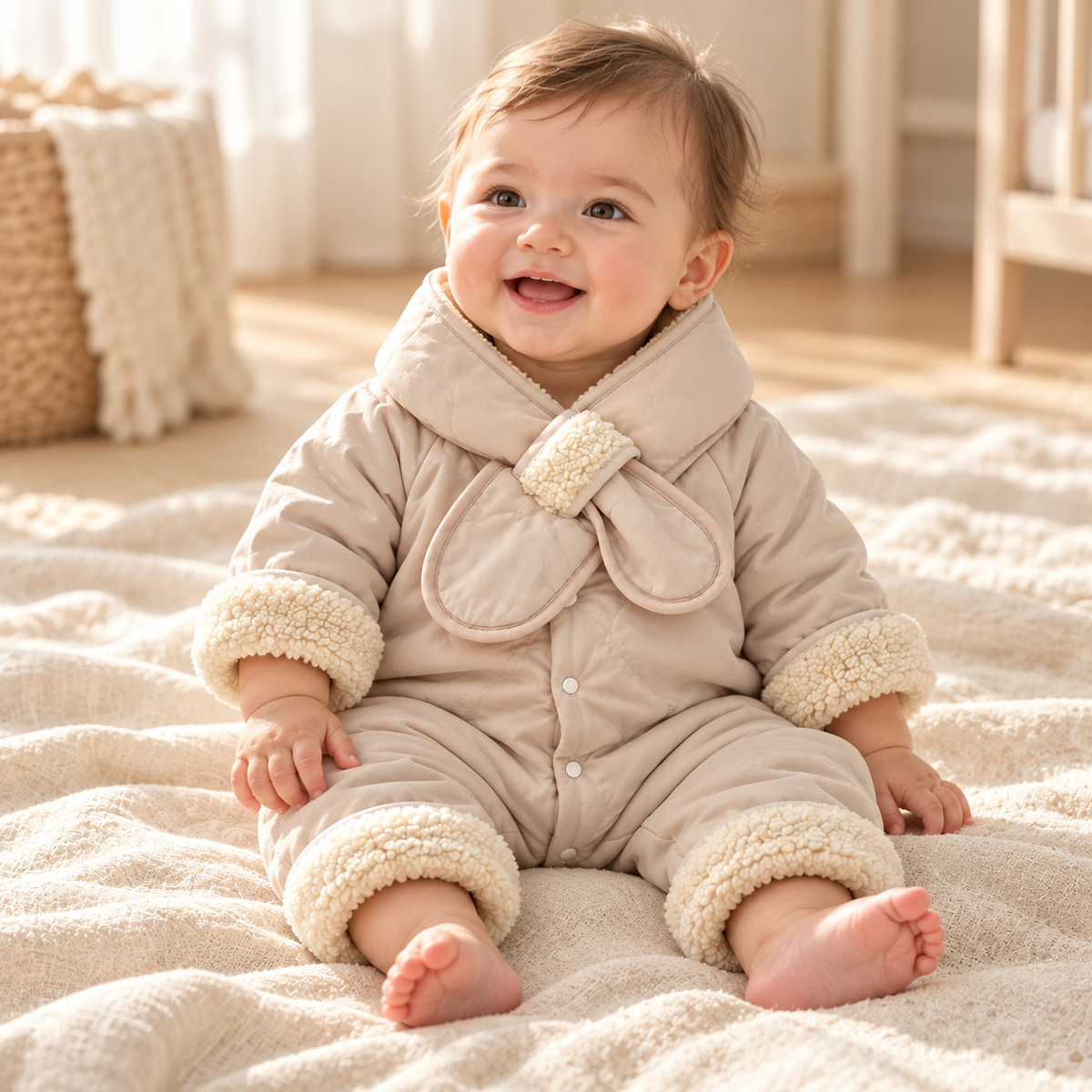 Baby wearing The Retro Plush Baby Romper in a warm nursery